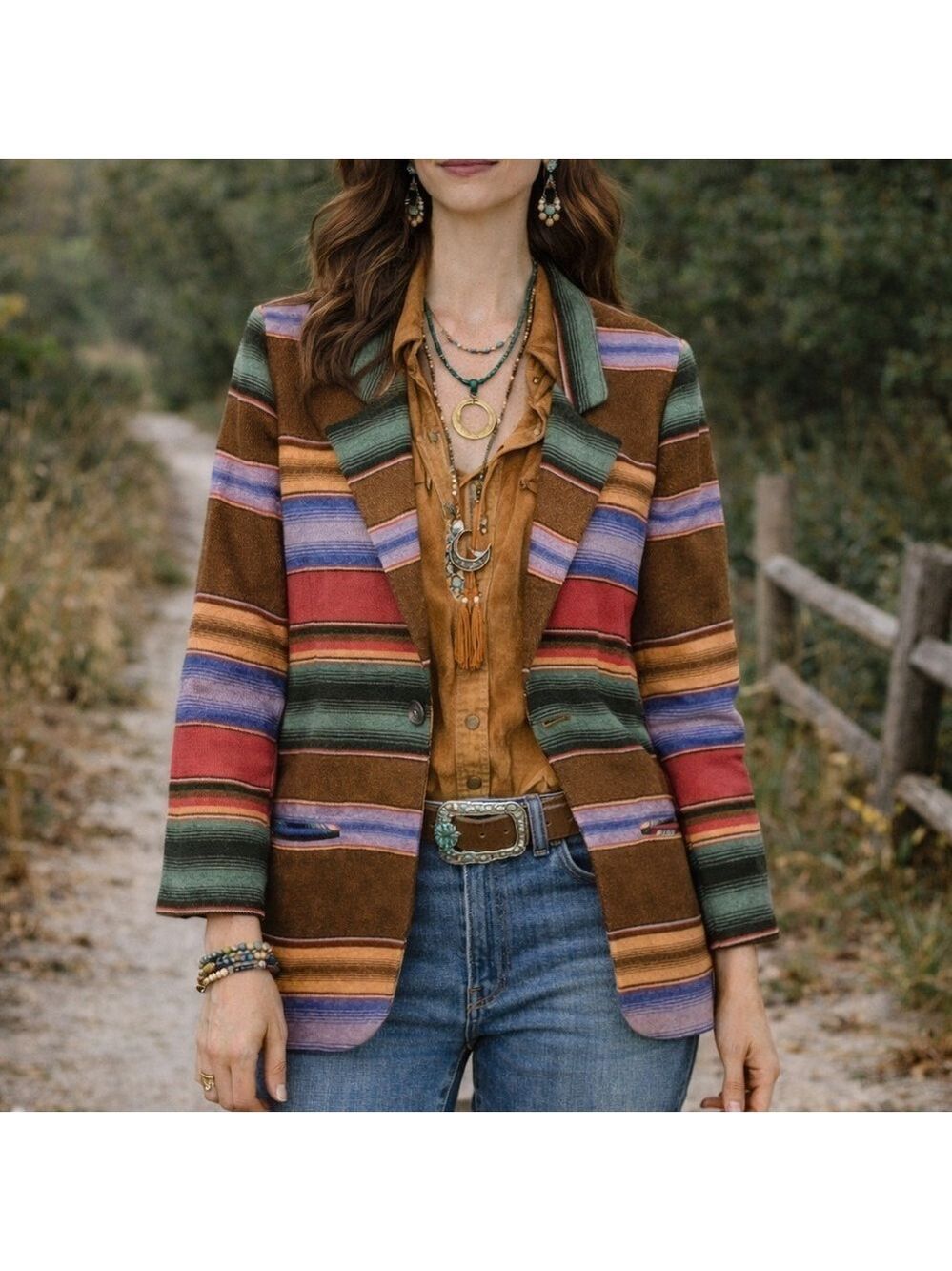 Vintage Multi-Color Southwestern Wool Blend Single Button Blazer Pockets medium
